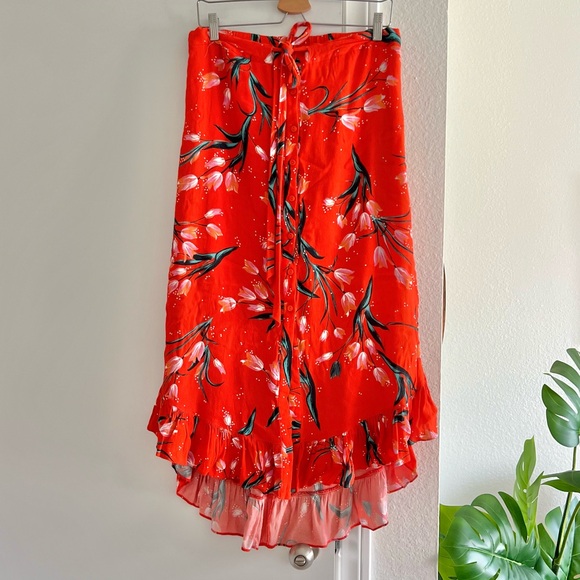 Anthropologie Corey Lynn Calter Orange Floral Midi Skirt Front Tie & Side Slits - Picture 4 of 9